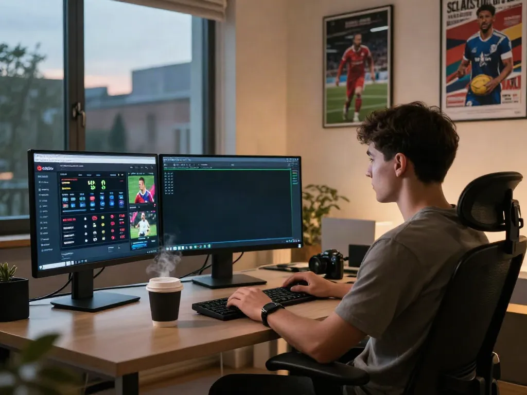 Engaging scene demonstrating betting sites not on gamstop during evening hours in a modern home office