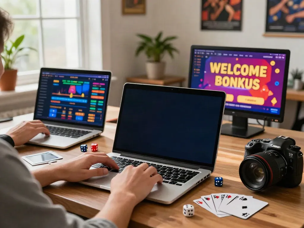 Engaging scene of online gambling at betting sites not on gamstop with a laptop and gaming decor.