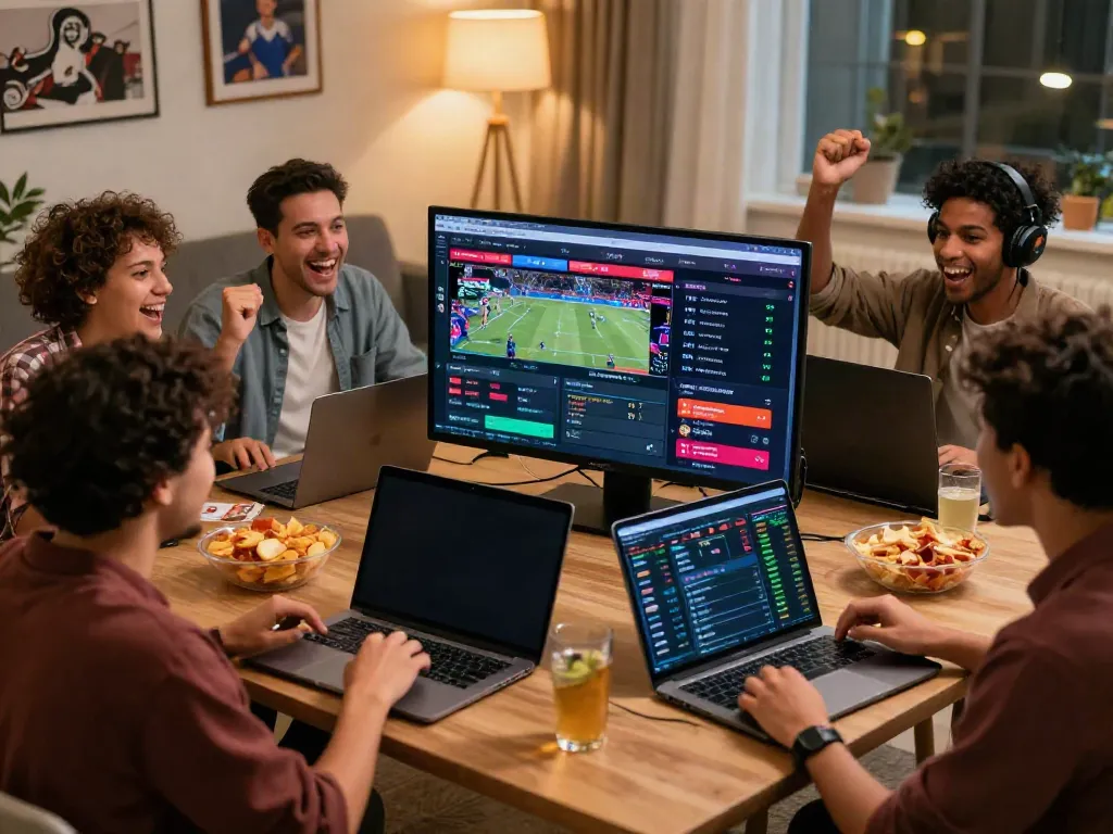 Friends enjoying betting sites not on GamStop during a live sports event.