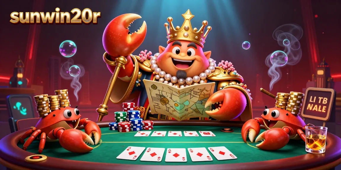 Engage in thrilling gameplay at sunwin20r with a vibrant 3D scene showcasing a crab emperor, poker chips, and a rich casino atmosphere.