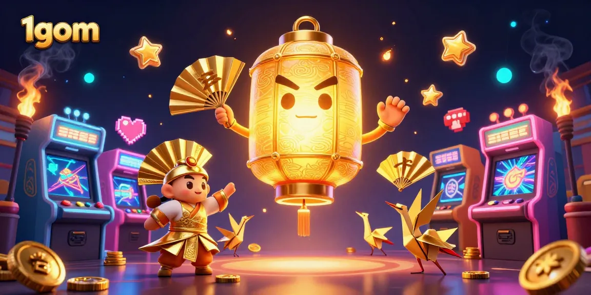 Experience exhilarating gaming at 1gom with a vibrant illustration of a floating lantern spirit.