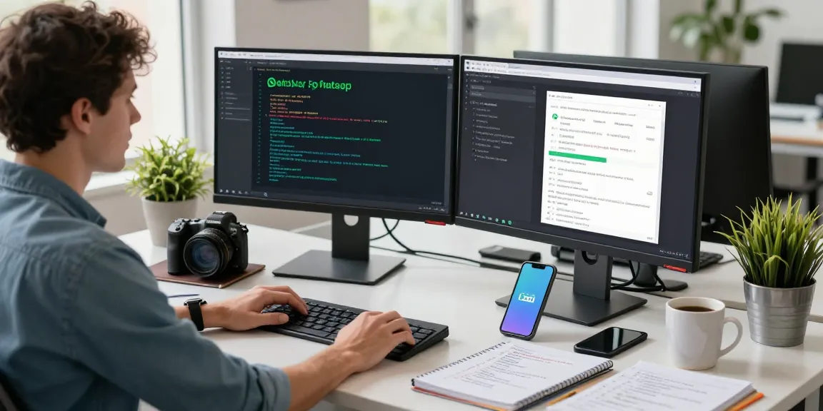 Developer showcasing WhatsApp下載 integration in a modern tech workspace filled with gadgets and coding notes.