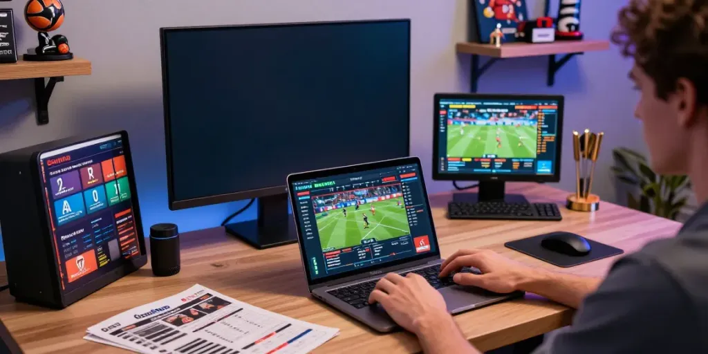 Person engaging with betting sites not on GamStop in a modern home office