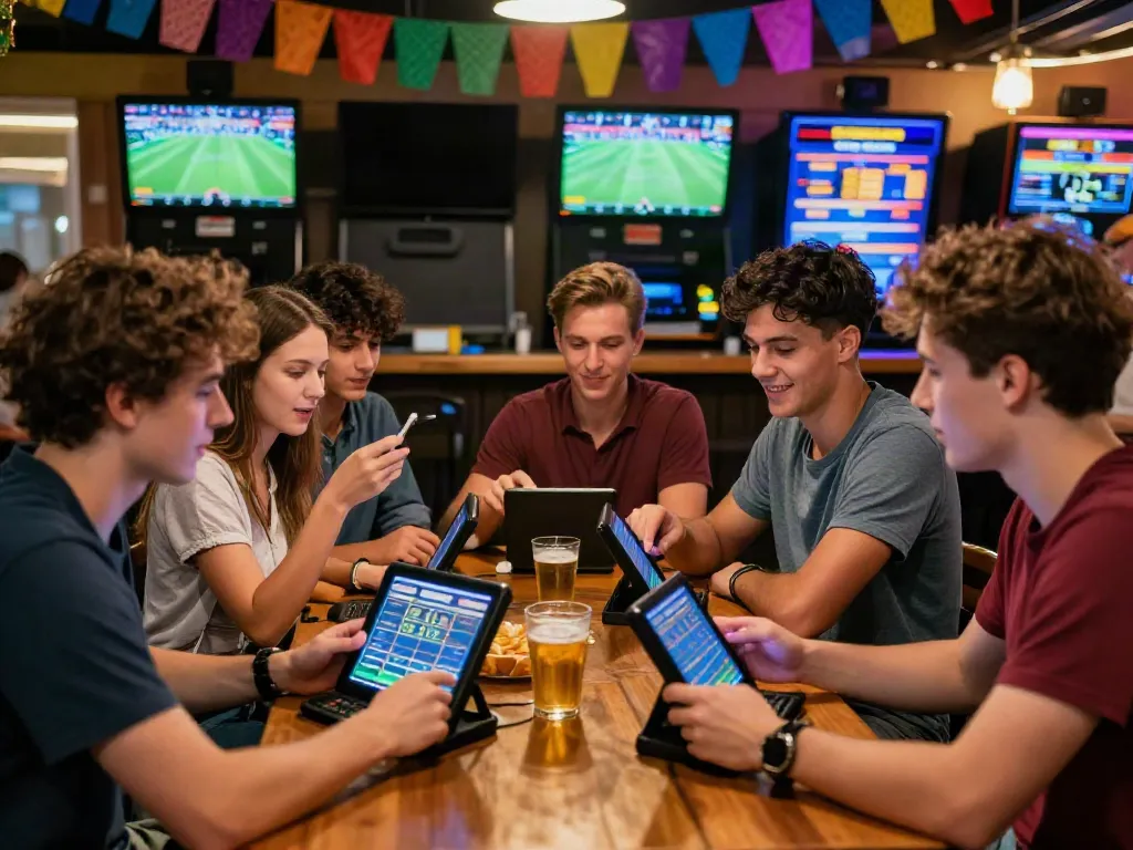 Friends engaging with betting sites not on gamstop while enjoying sports at a lively bar.