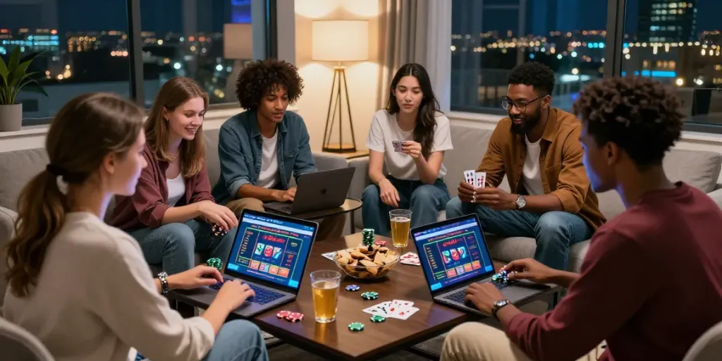 Friends enjoying an online gaming night with betting sites not on GamStop