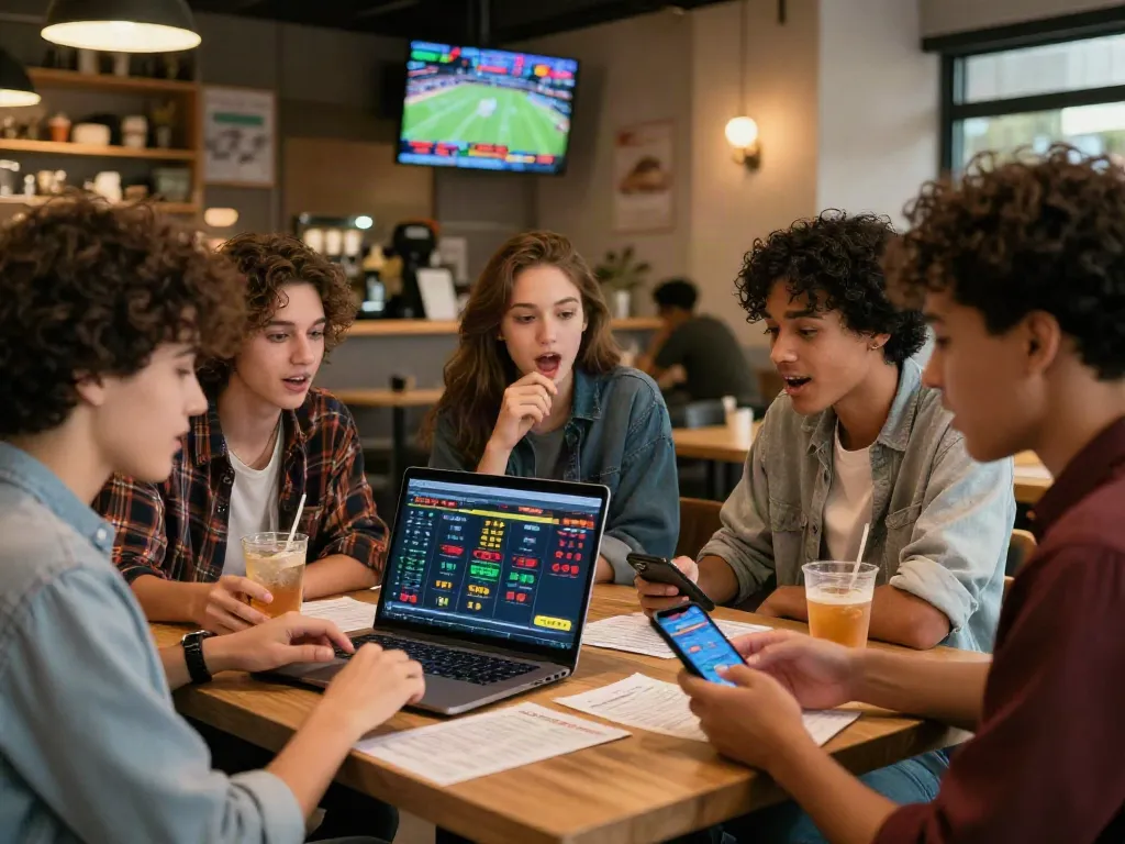Group discussing betting sites not on gamstop in a cafe setting