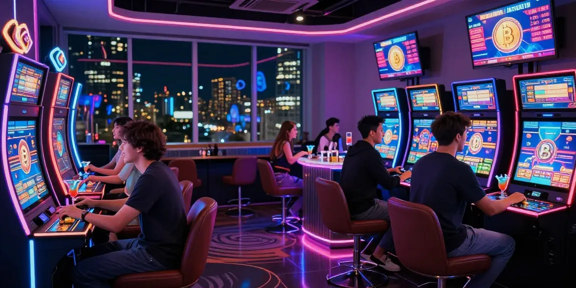 Exciting crypto casino scene with players engaging at futuristic gaming machines and illuminated digital currency displays.