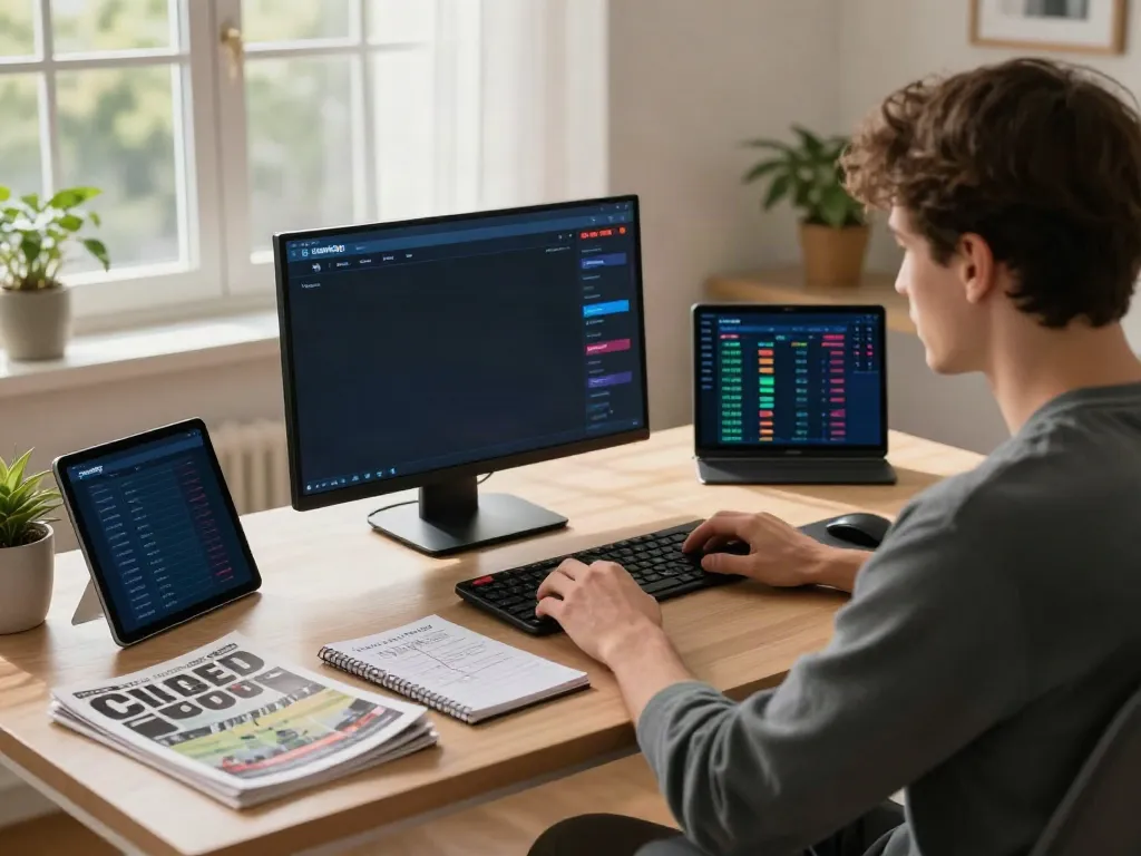 Engaged player exploring betting sites not on GamStop in a modern home office.