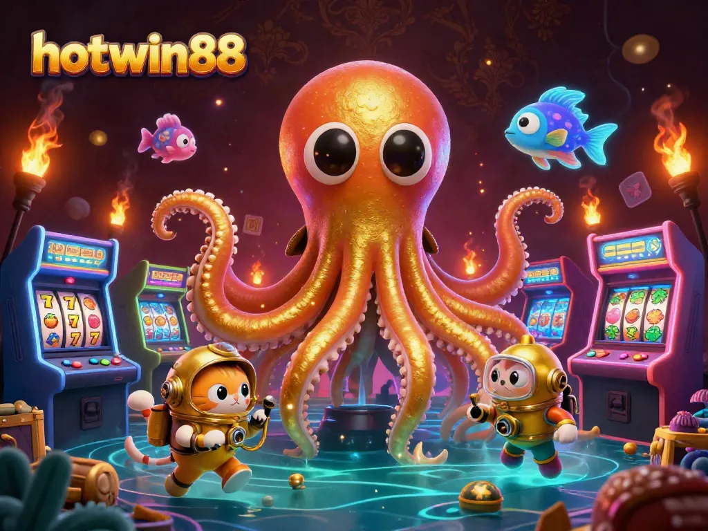 Experience the thrills of hotwin88 with a vivid scene featuring a kraken, diving cat, and arcade elements.