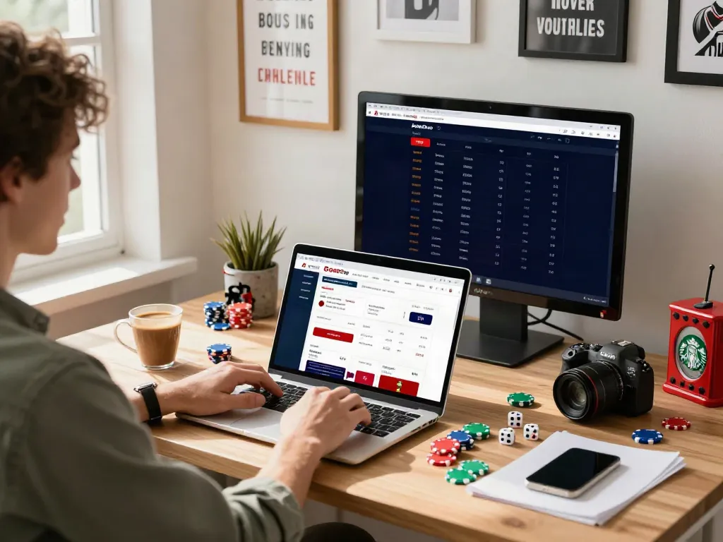 Enthusiastic person researching betting sites not on GamStop in a cozy home office.