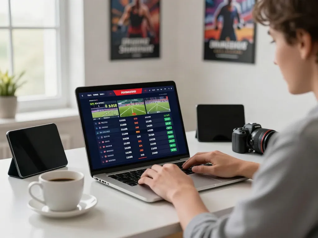 Betting sites not on GamStop: User placing bets on a laptop, surrounded by sports memorabilia.