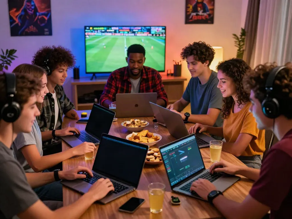 Diverse friends enjoying online gambling on betting sites not on GamStop in a cozy living room.