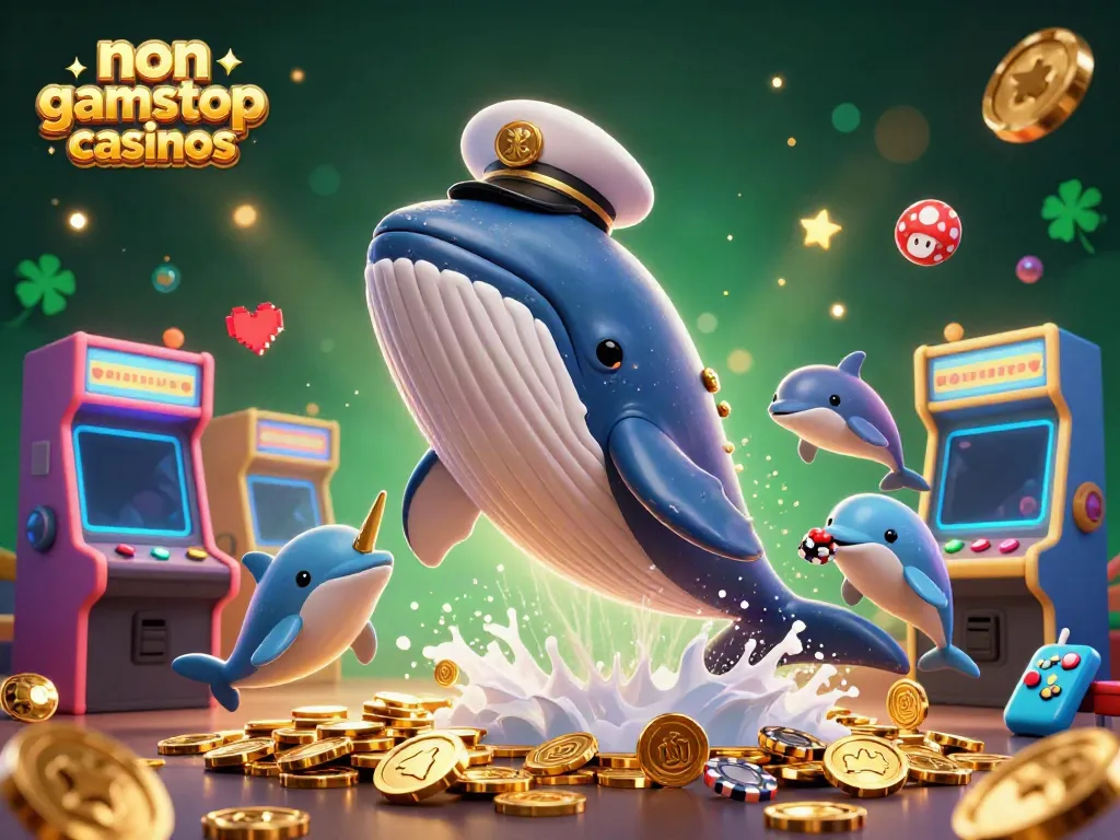 Engage with non gamstop casinos illustrated with a whimsical scene of a whale, narwhal, and dolphins amidst casino-themed elements.