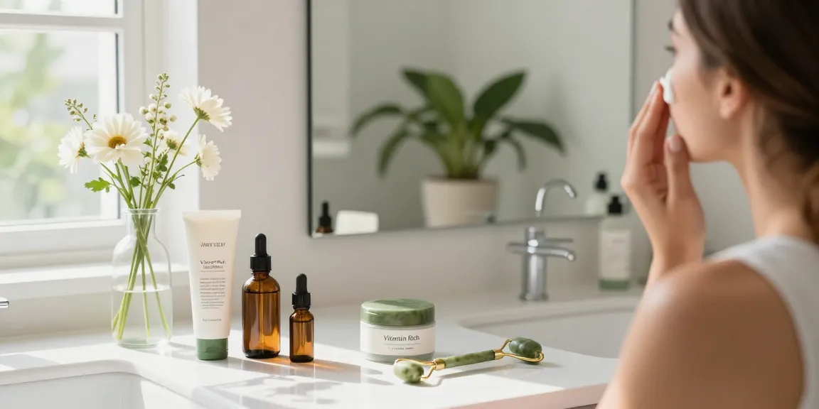 Woman applying Vitamin Rich Facial Balm in a modern bathroom setting with natural light.