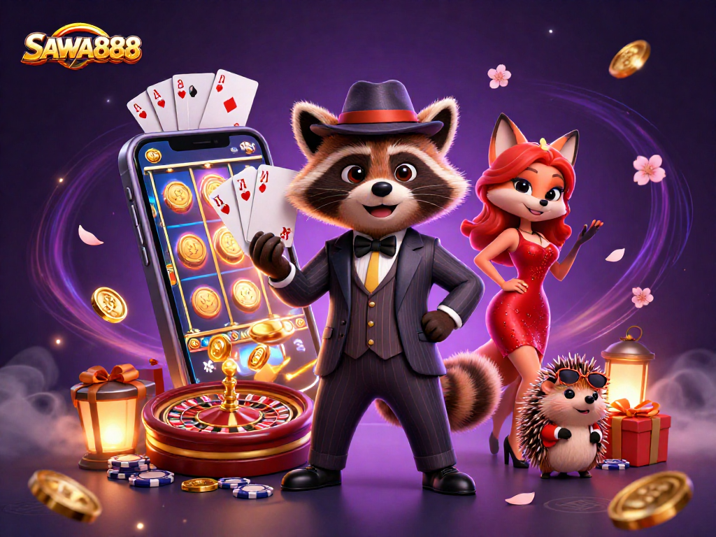 Experience the thrilling action with SAWA888 as characters celebrate big wins in a lively casino scene.