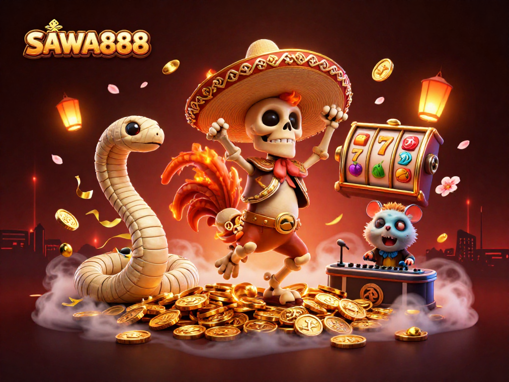 SAWA888 showcases thrilling slots with a mariach skeleton and vibrant casino elements.