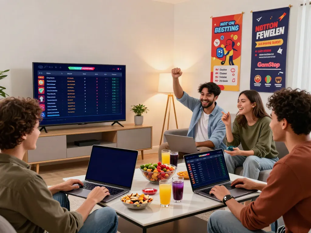 Friends enjoying betting sites not on GamStop during a lively home party.
