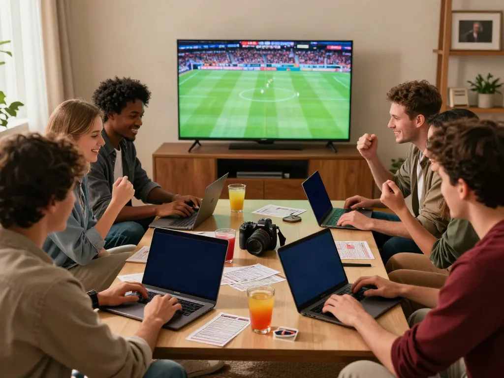Friends enjoying betting sites not on gamstop while watching a live sports event.