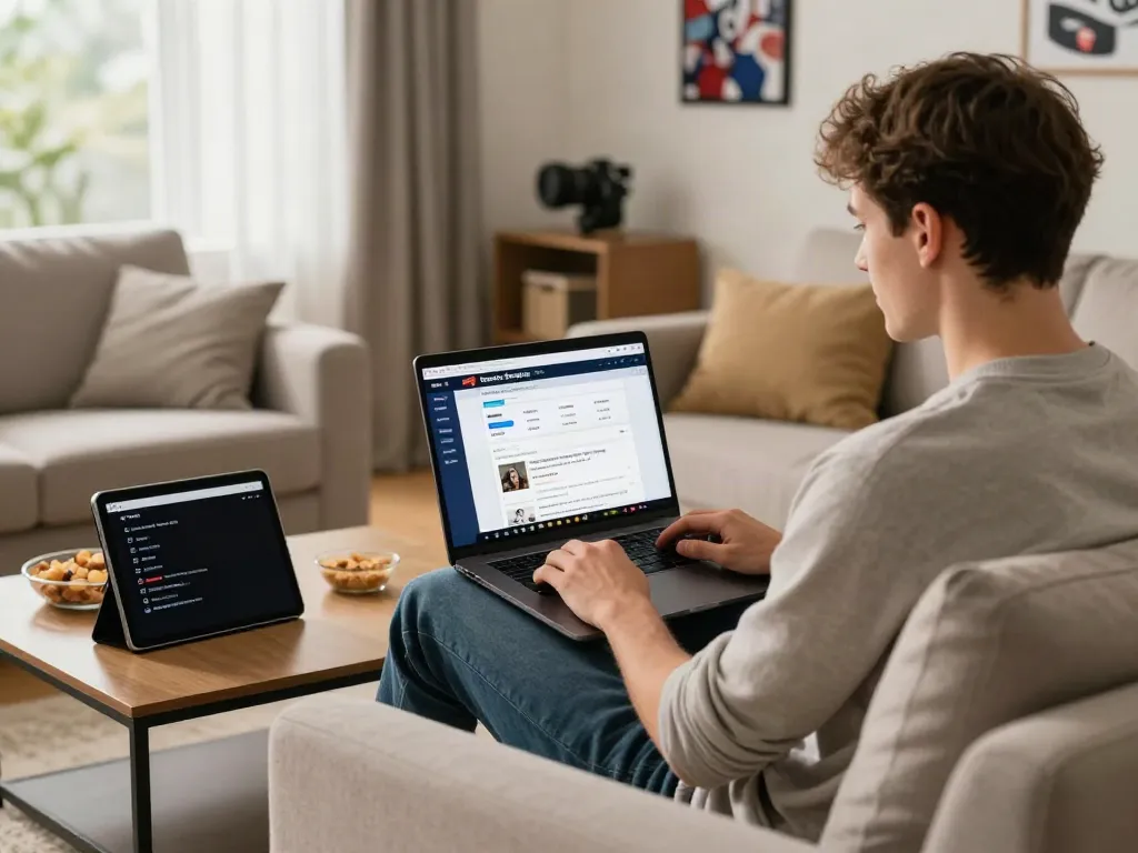 Engaging moment of a user exploring betting sites not on GamStop in a cozy home setting.