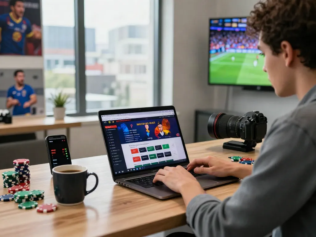 Engaged individual exploring betting sites not on Gamstop at a modern desk with sports memorabilia and a laptop.