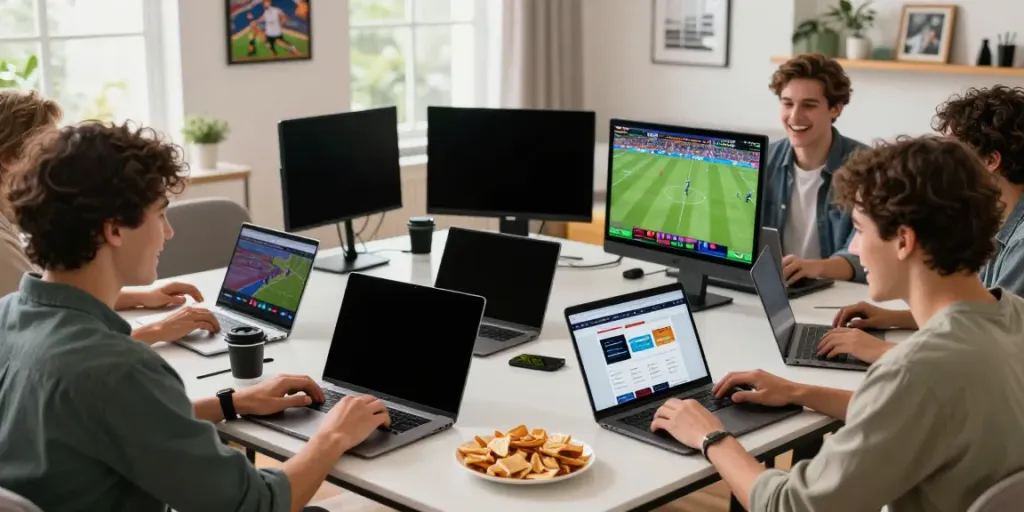 Group of friends enjoying betting sites not on GamStop surrounded by sports memorabilia and live game screens.