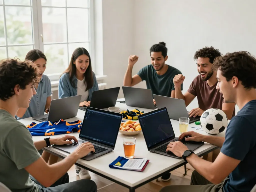 Friends engaging in betting sites not on Gamstop during a sports event.