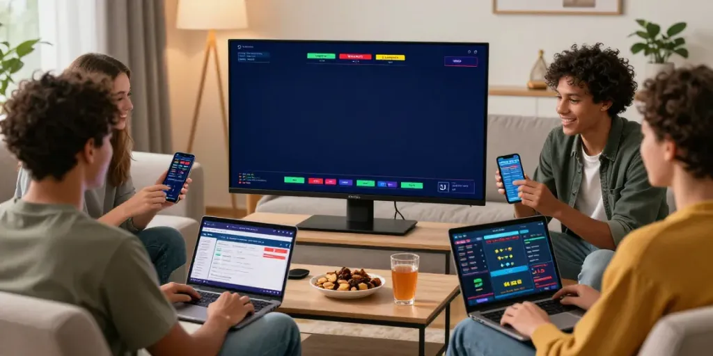 Friends enjoying live betting on diverse platforms not on GamStop in a modern living room.