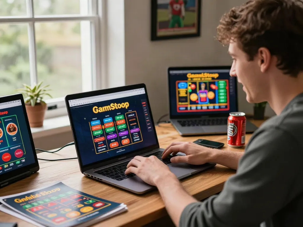 Engaged player exploring betting sites not on GamStop with vibrant gaming graphics in a cozy home setting.