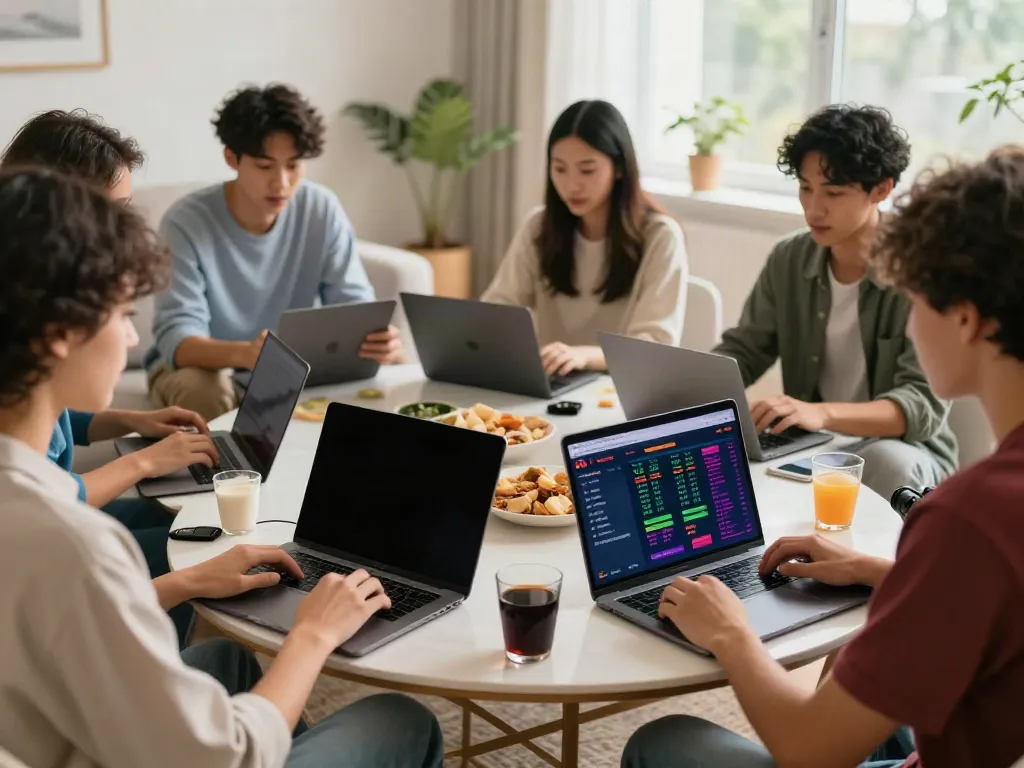 Group of friends placing bets on betting sites not on gamstop in a lively living room.