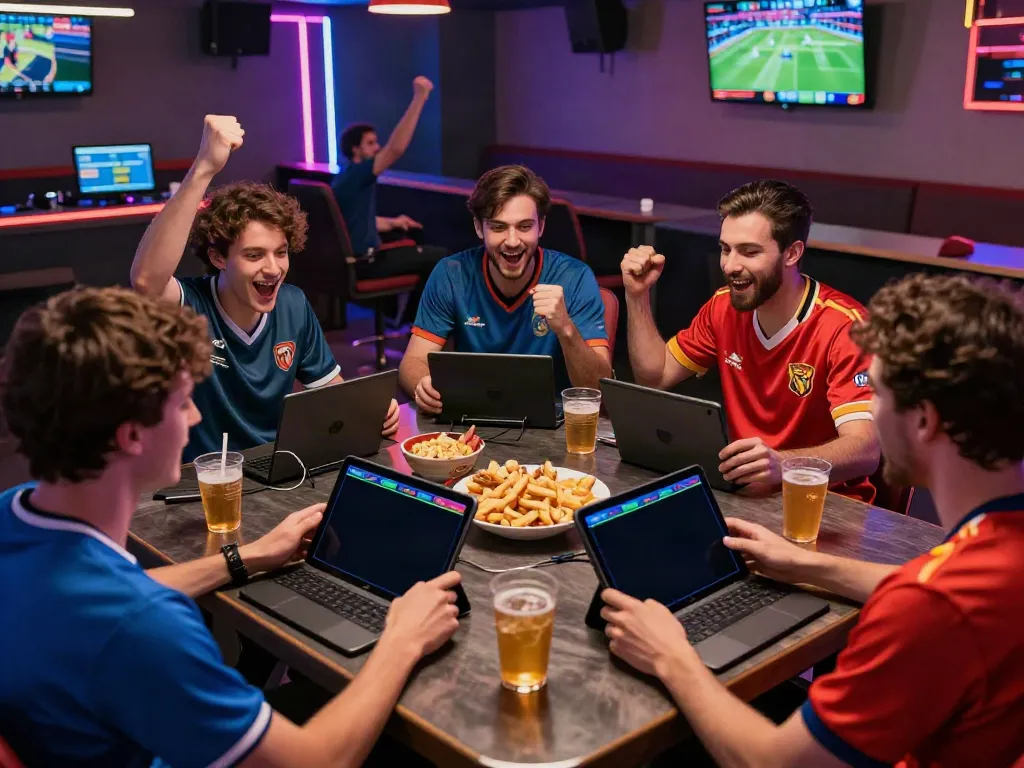 Friends enjoying sports betting at a lively gaming lounge, highlighting betting sites not on GamStop.