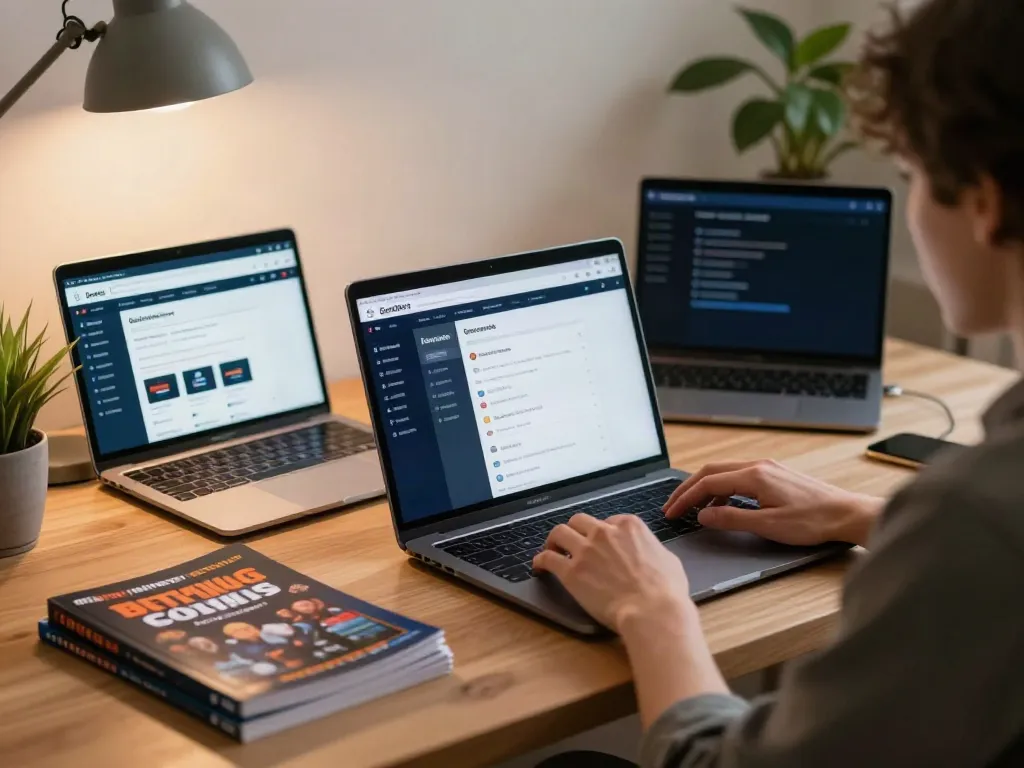 Researching betting sites not on GamStop in a modern home office.