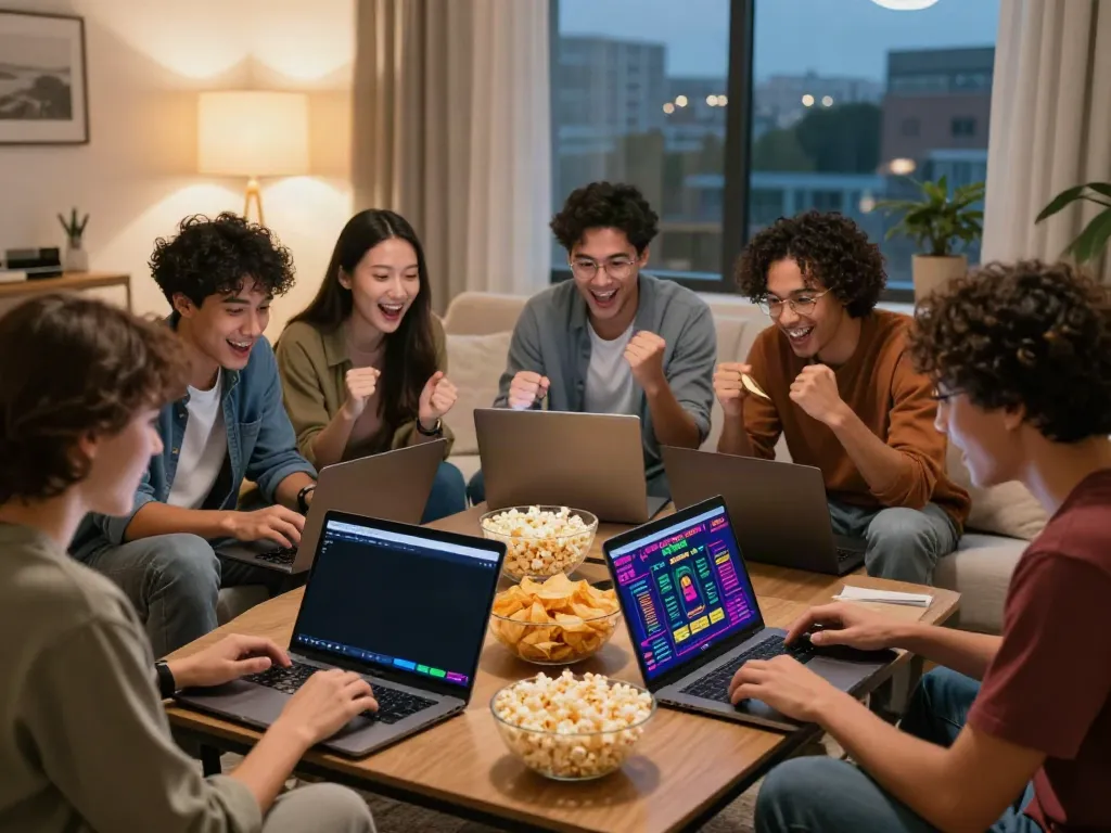Friends researching betting sites not on Gamstop in a lively living room.