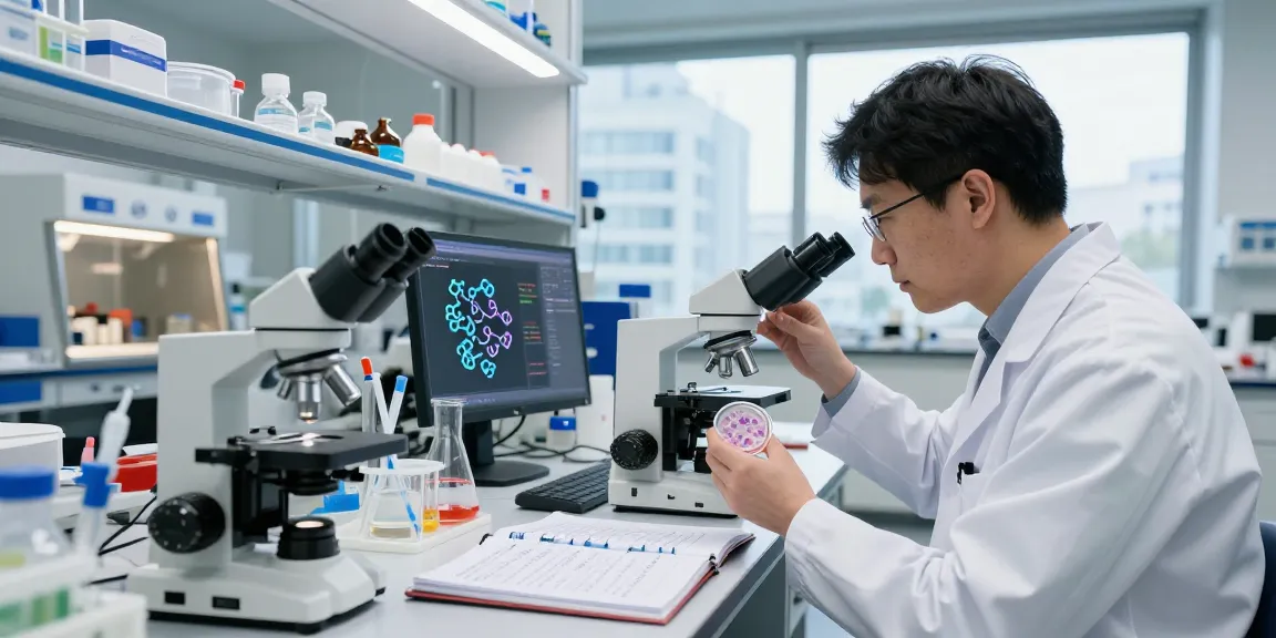 Scientist researching GLP-3R in a biomedical laboratory with petri dish and microscope.