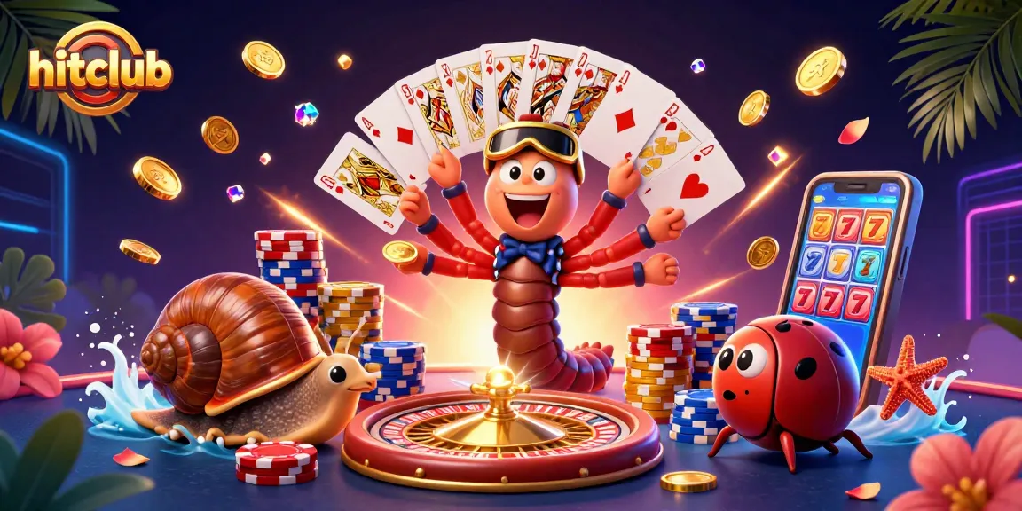 Engage with hitclub as the vibrant dealer shows off cards while gold coins and gems scatter joyfully.