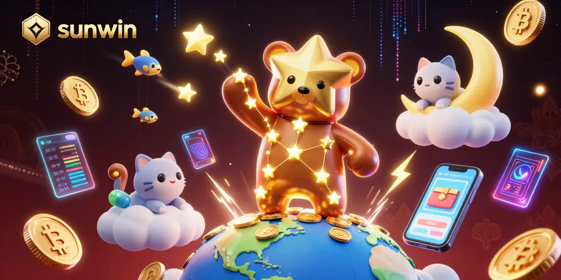 Engage with sunwin's dynamic gaming experience through a vibrant 3D illustration featuring golden stars and crypto coins.