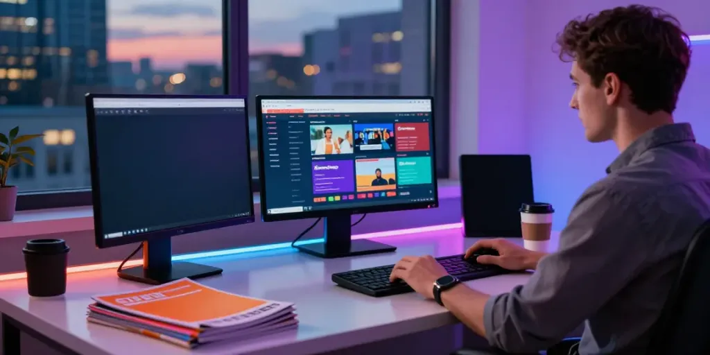 Engaging home office scene with betting sites not on GamStop on screen, lively atmosphere