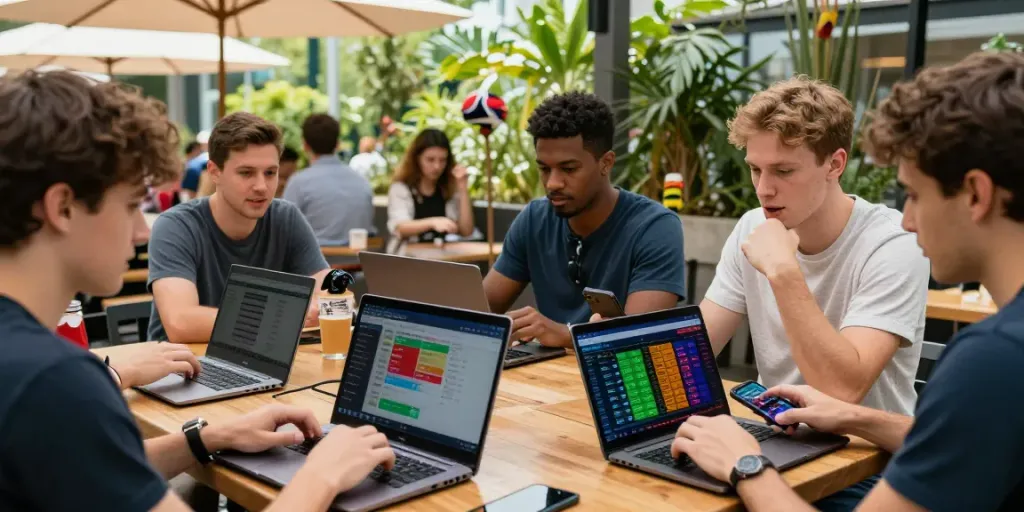 Group excitedly discussing betting sites not on GamStop at a cafe