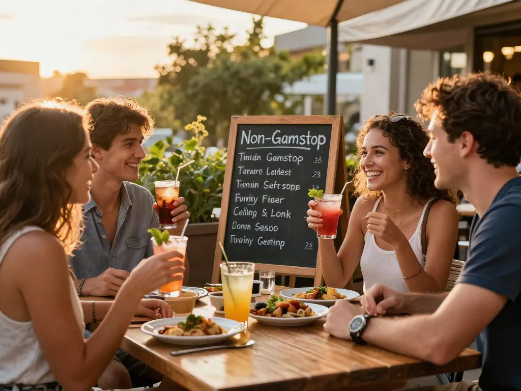 Friends enjoying drinks and discussing betting sites not on Gamstop at a lively café.