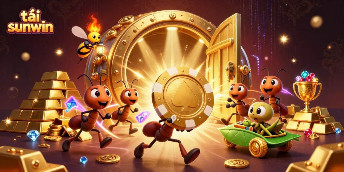Watch the ants work together to carry a golden poker chip in this dynamic tải sunwin casino heist illustration.