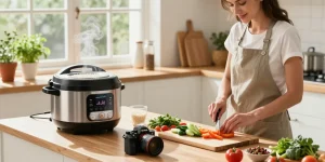 Smart kitchen gadgets enhancing meal prep experience with a chef using a smart cutting board and multi-cooker in a bright kitchen.