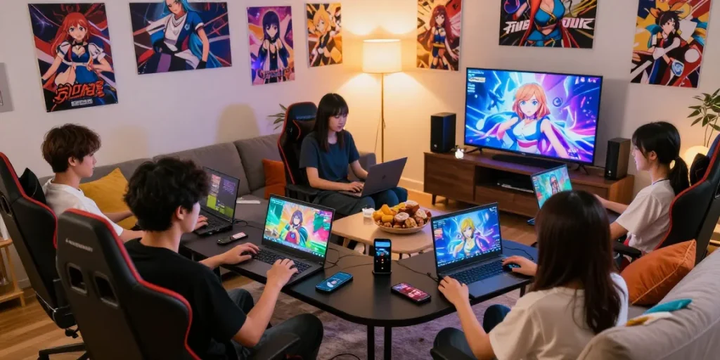 Group enjoying ero games in a cozy living room setting, engaging and colorful atmosphere.