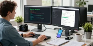 Developer showcasing WhatsApp下載 integration in a modern tech workspace filled with gadgets and coding notes.