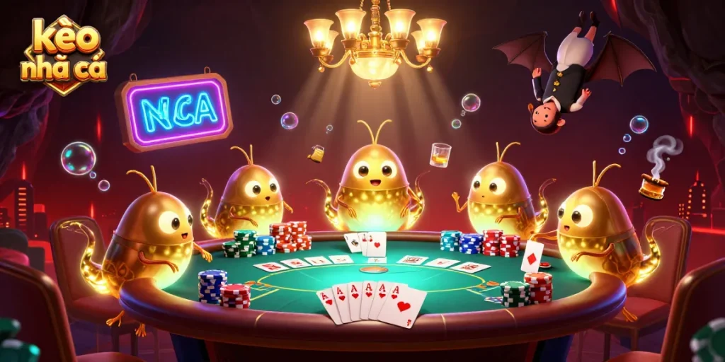 Engage with kèo nhà cái while enjoying a vibrant cave casino illuminated by glowworms and showcasing poker excitement.