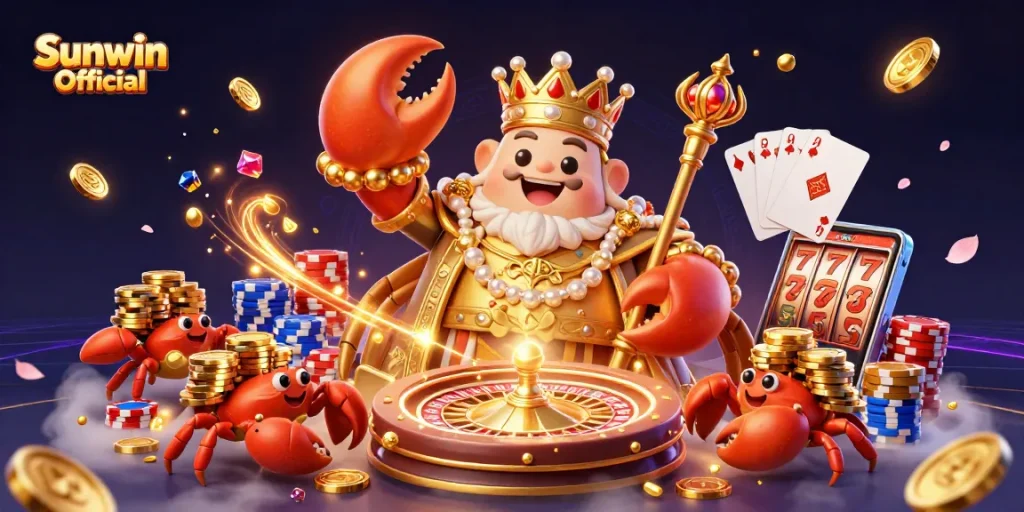Experience thrilling gameplay with Sunwin Official as the golden crab emperor unveils treasures in a vibrant casino scene.