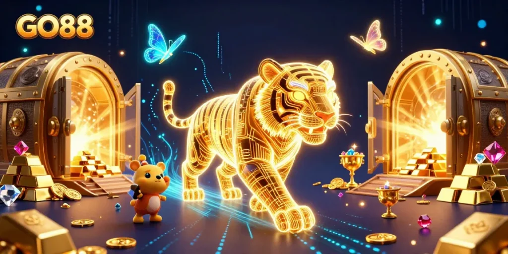 Experience the vibrant energy of GO88 with an ultra-detailed 3D casino landscape full of treasures and excitement.
