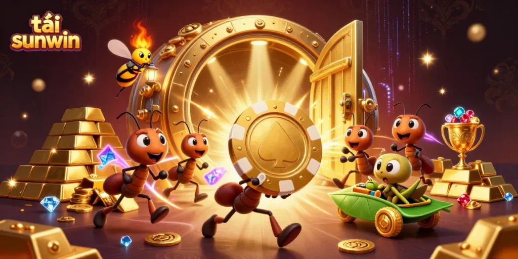 Watch the ants work together to carry a golden poker chip in this dynamic tải sunwin casino heist illustration.